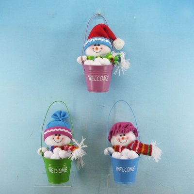 XJ42856 Fabric Snowman in Metal Bucket 3 asst