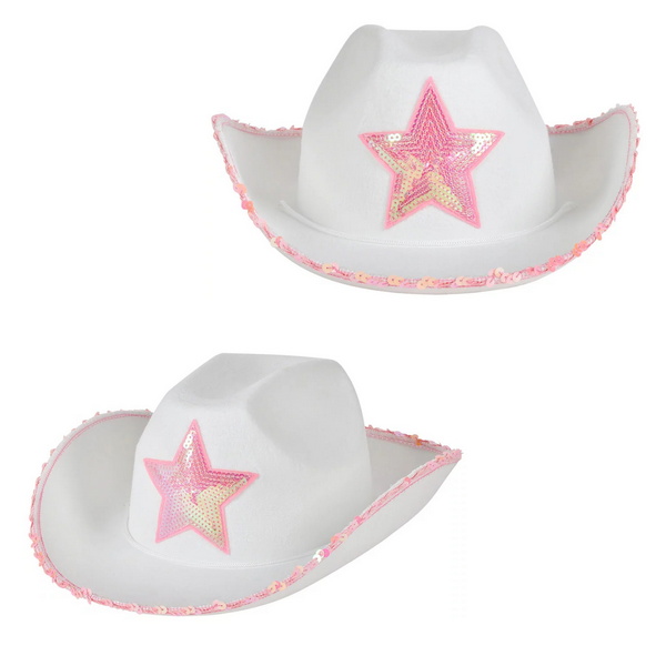 AR8137 White Felt Cowgirl HAT with Pink Star